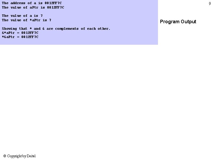 The address of a is 0012 FF 7 C The value of a. Ptr The address of a is 0012 FF 7 C The value of a. Ptr
