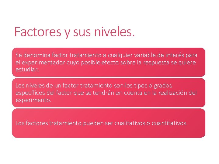 Factores y sus niveles. Se denomina factor tratamiento a cualquier variable de interés para