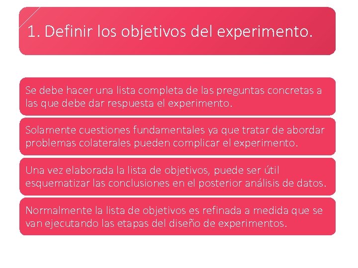 1. Definir los objetivos del experimento. Se debe hacer una lista completa de las