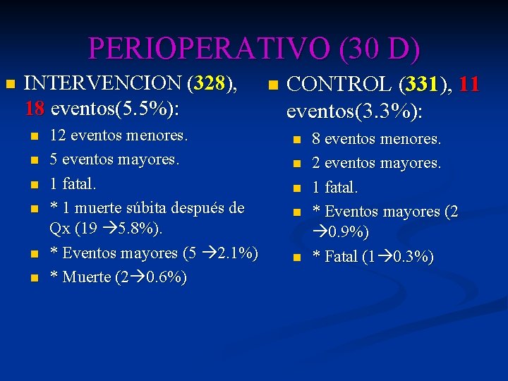 PERIOPERATIVO (30 D) n INTERVENCION (328), 18 eventos(5. 5%): n n n 12 eventos PERIOPERATIVO (30 D) n INTERVENCION (328), 18 eventos(5. 5%): n n n 12 eventos