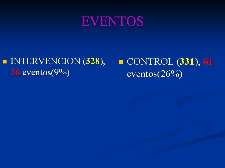 EVENTOS n INTERVENCION (328), 26 eventos(9%) n CONTROL (331), 61 eventos(26%) EVENTOS n INTERVENCION (328), 26 eventos(9%) n CONTROL (331), 61 eventos(26%)