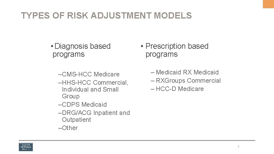 TYPES OF RISK ADJUSTMENT MODELS • Diagnosis based programs – CMS-HCC Medicare – HHS-HCC
