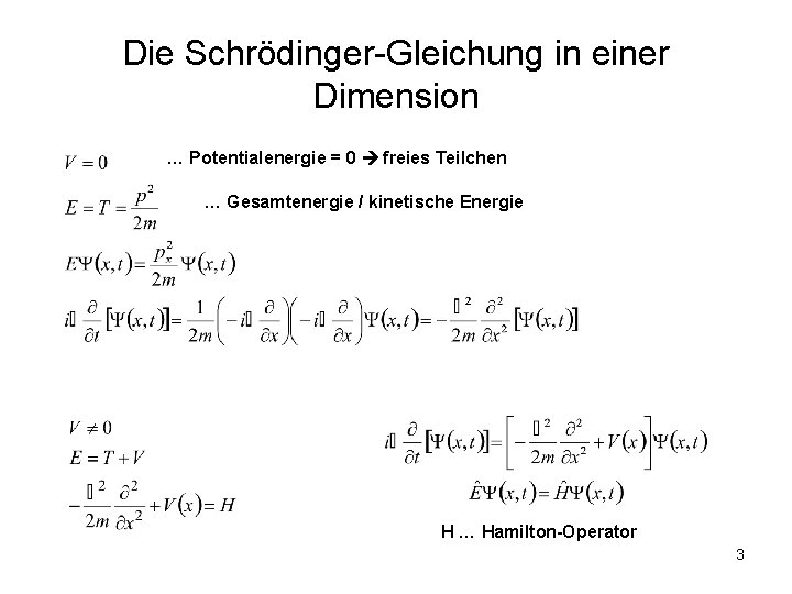 Die Schrödinger-Gleichung in einer Dimension … Potentialenergie = 0 freies Teilchen … Gesamtenergie /