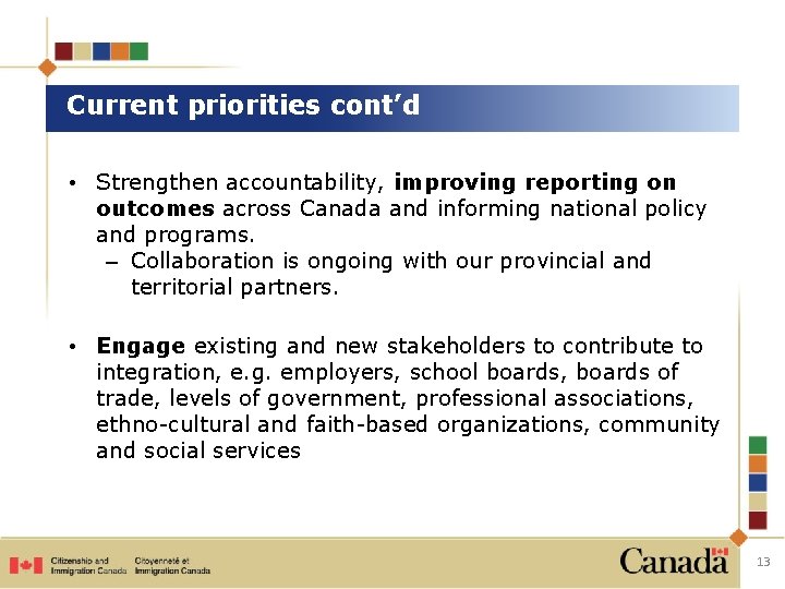 Current priorities cont’d • Strengthen accountability, improving reporting on outcomes across Canada and informing Current priorities cont’d • Strengthen accountability, improving reporting on outcomes across Canada and informing