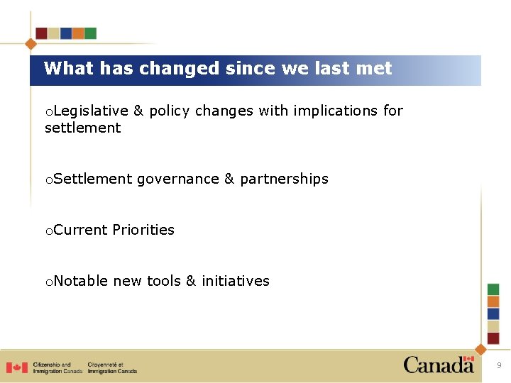 What has changed since we last met o. Legislative & policy changes with implications What has changed since we last met o. Legislative & policy changes with implications