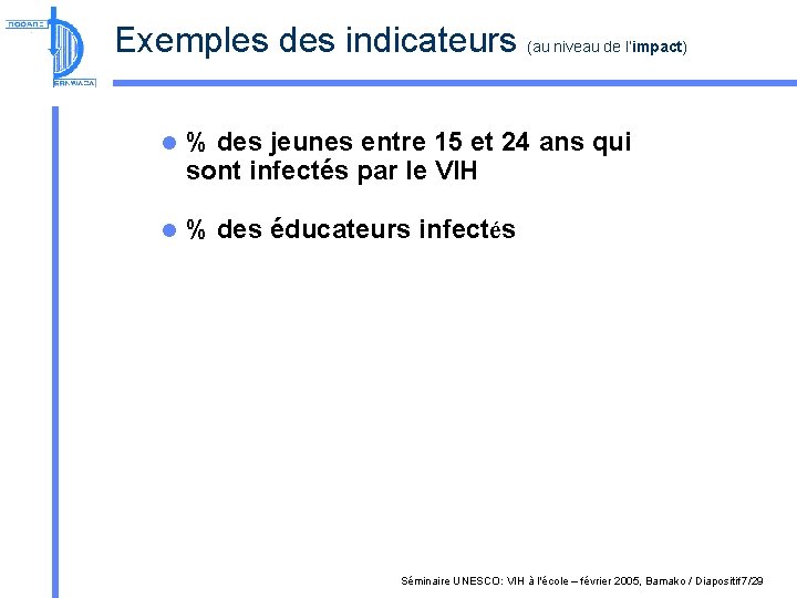 Exemples des indicateurs (au niveau de l’impact) l % des jeunes entre 15 et