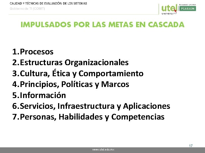 IMPULSADOS POR LAS METAS EN CASCADA 1. Procesos 2. Estructuras Organizacionales 3. Cultura, Ética