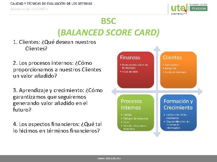 BSC (BALANCED SCORE CARD) 1. Clientes: ¿Qué desean nuestros Clientes? 2. Los procesos internos: