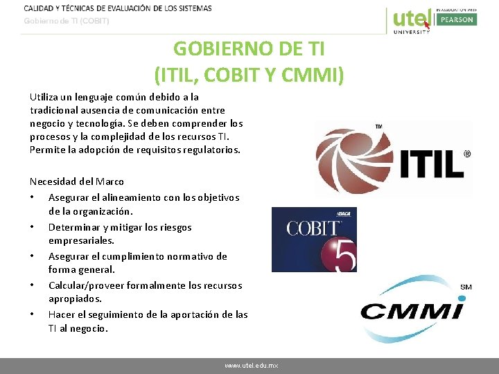 GOBIERNO DE TI (ITIL, COBIT Y CMMI) Utiliza un lenguaje común debido a la