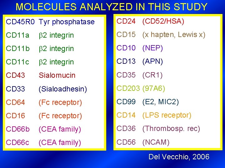 MOLECULES ANALYZED IN THIS STUDY CD 45 R 0 Tyr phosphatase CD 24 (CD