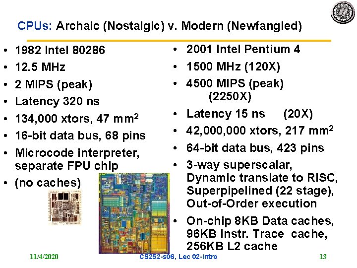 CPUs: Archaic (Nostalgic) v. Modern (Newfangled) • • 1982 Intel 80286 12. 5 MHz