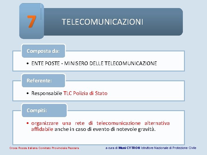 7 TELECOMUNICAZIONI Composta da: • ENTE POSTE - MINISERO DELLE TELECOMUNICAZIONE Referente: • Responsabile