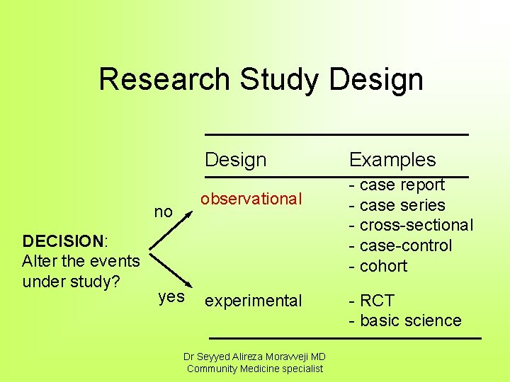Research Study Design observational no DECISION: Alter the events under study? yes experimental Dr