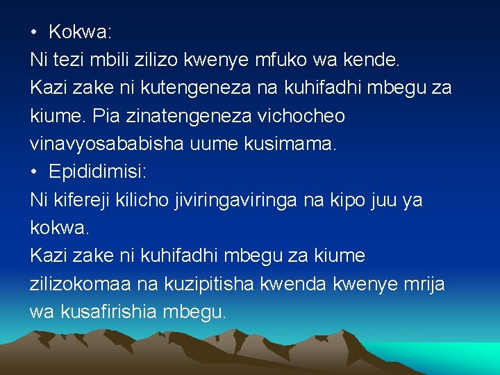  • Kokwa: Ni tezi mbili zilizo kwenye mfuko wa kende. Kazi zake ni