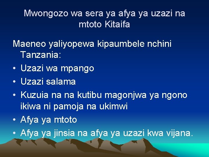 Mwongozo wa sera ya afya ya uzazi na mtoto Kitaifa Maeneo yaliyopewa kipaumbele nchini