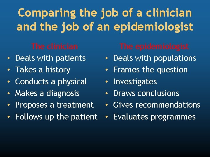 Comparing the job of a clinician and the job of an epidemiologist • •