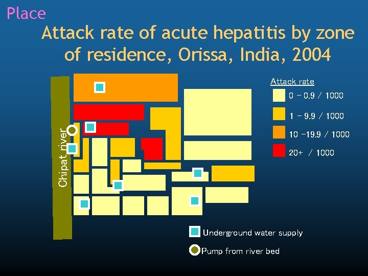 Place Attack rate of acute hepatitis by zone of residence, Orissa, India, 2004 Attack