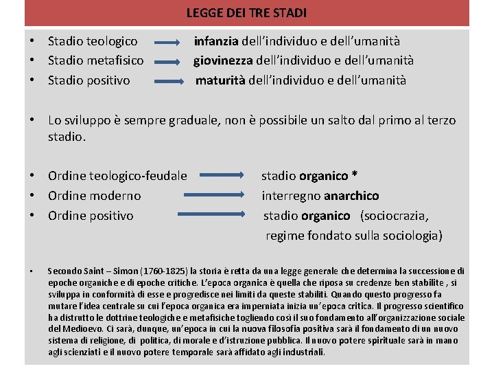 LEGGE DEI TRE STADI • Stadio teologico infanzia dell’individuo e dell’umanità • Stadio metafisico LEGGE DEI TRE STADI • Stadio teologico infanzia dell’individuo e dell’umanità • Stadio metafisico
