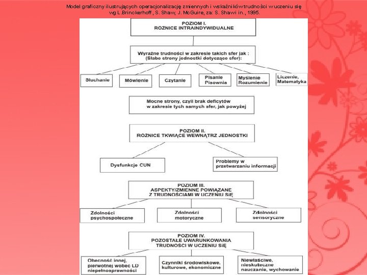 Model graficzny ilustrujących operacjonalizację zmiennych i wskaźników trudności w uczeniu się wg L. Brinckerhoff,