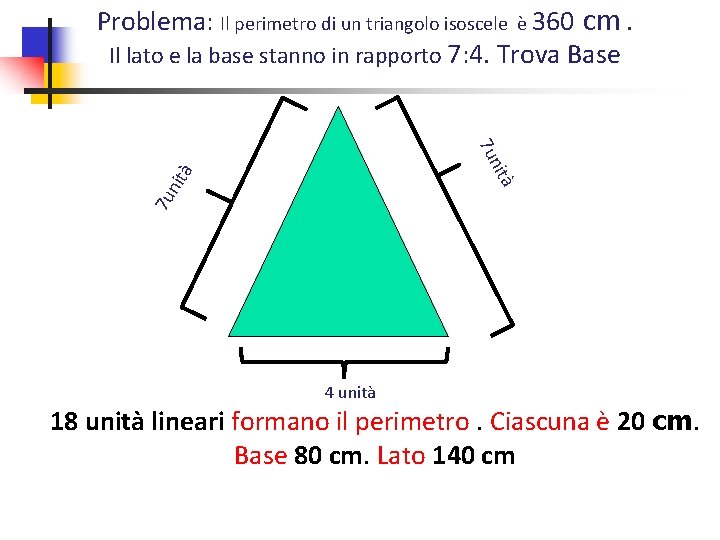 Problema: Il perimetro di un triangolo isoscele è 360 cm. Il lato e la