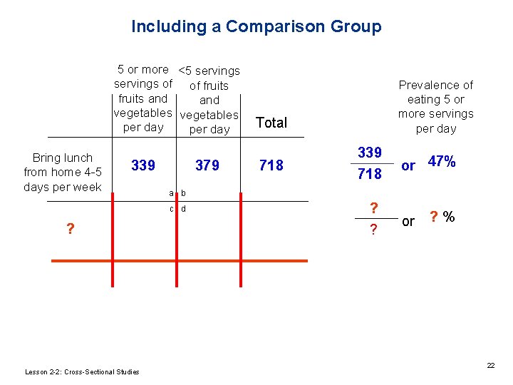 Including a Comparison Group 5 or more <5 servings of of fruits and vegetables Including a Comparison Group 5 or more <5 servings of of fruits and vegetables
