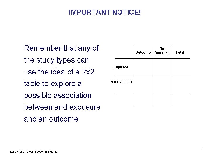 IMPORTANT NOTICE! Remember that any of Outcome No Outcome Total the study types can IMPORTANT NOTICE! Remember that any of Outcome No Outcome Total the study types can