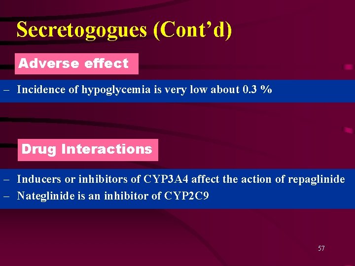 Secretogogues (Cont’d) Adverse effect – Incidence of hypoglycemia is very low about 0. 3