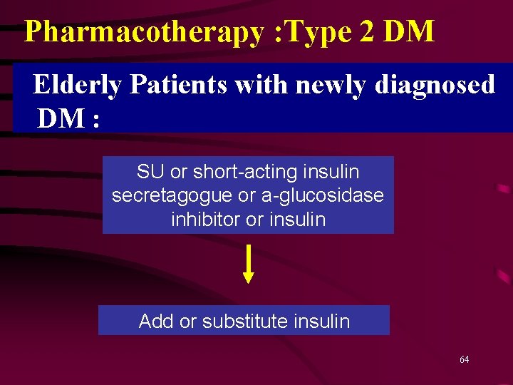 Pharmacotherapy : Type 2 DM Elderly Patients with newly diagnosed DM : SU or