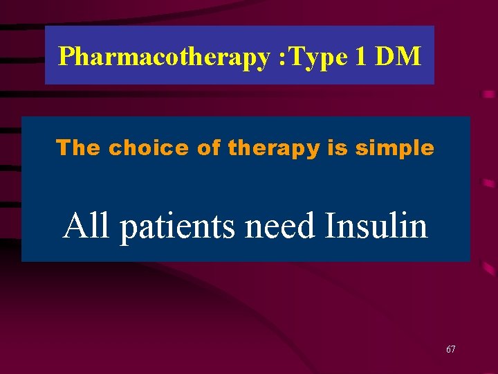 Pharmacotherapy : Type 1 DM The choice of therapy is simple All patients need