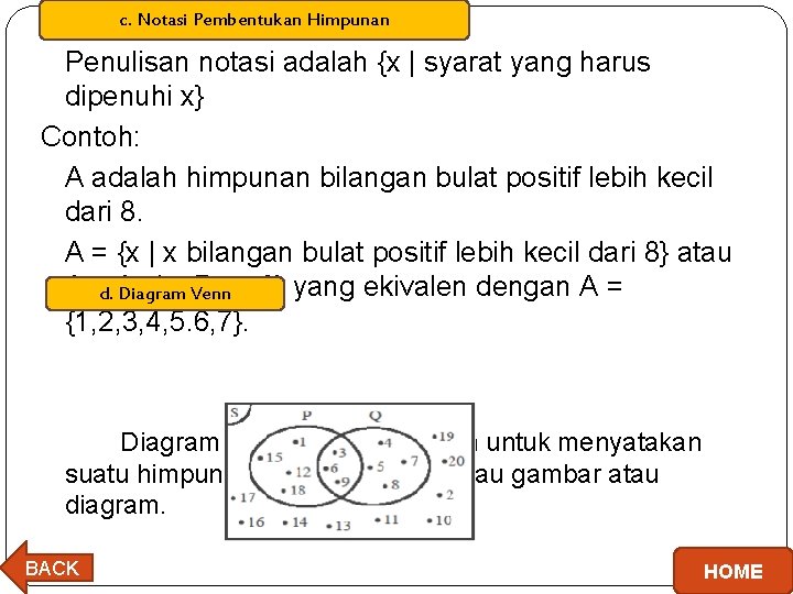 c. Notasi Pembentukan Himpunan Penulisan notasi adalah {x | syarat yang harus dipenuhi x}