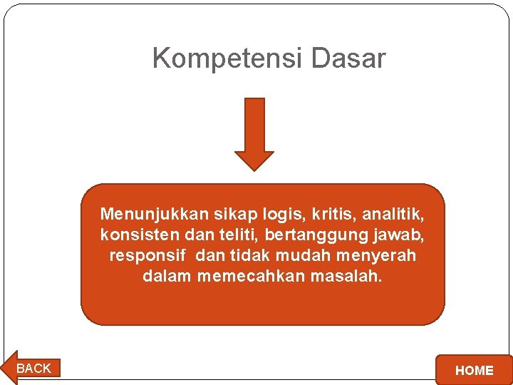 Kompetensi Dasar Menunjukkan sikap logis, kritis, analitik, konsisten dan teliti, bertanggung jawab, responsif dan