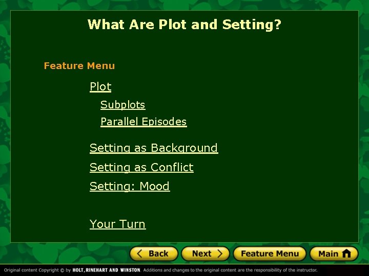 What Are Plot and Setting? Feature Menu Plot Subplots Parallel Episodes Setting as Background