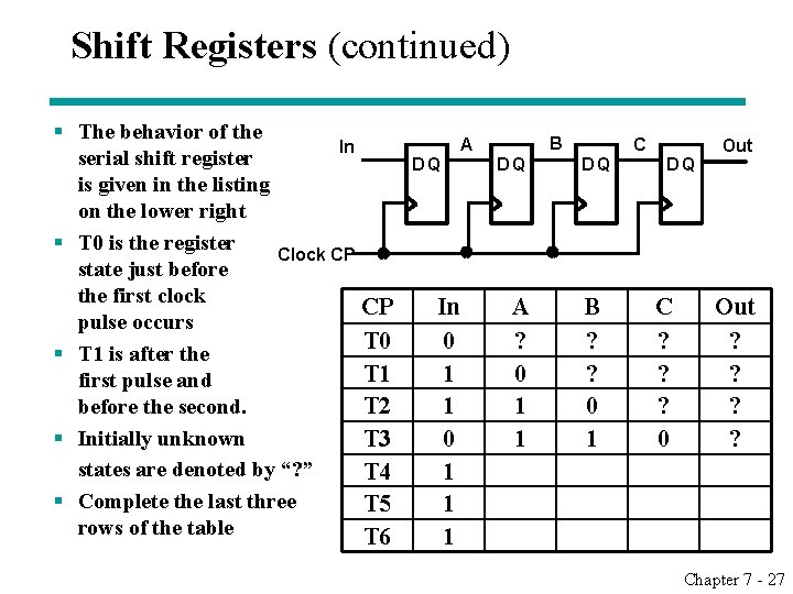 Shift Registers (continued) § The behavior of the In serial shift register is given Shift Registers (continued) § The behavior of the In serial shift register is given