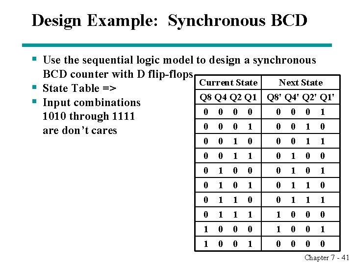 Design Example: Synchronous BCD § Use the sequential logic model to design a synchronous Design Example: Synchronous BCD § Use the sequential logic model to design a synchronous