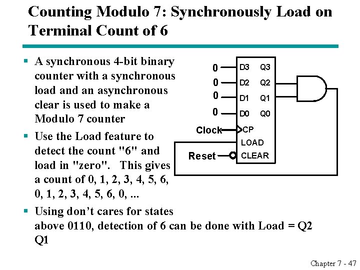 Counting Modulo 7: Synchronously Load on Terminal Count of 6 § A synchronous 4 Counting Modulo 7: Synchronously Load on Terminal Count of 6 § A synchronous 4