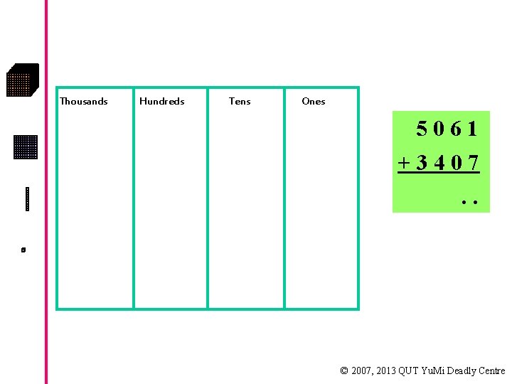 Thousands Hundreds Tens Ones 5061 +3407. . © 2007, 2013 QUT Yu. Mi Deadly