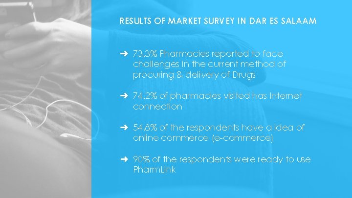 RESULTS OF MARKET SURVEY IN DAR ES SALAAM ➜ 73. 3% Pharmacies reported to