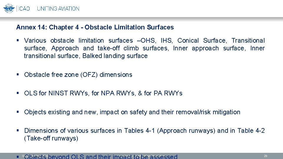 Annex 14: Chapter 4 - Obstacle Limitation Surfaces § Various obstacle limitation surfaces –OHS,