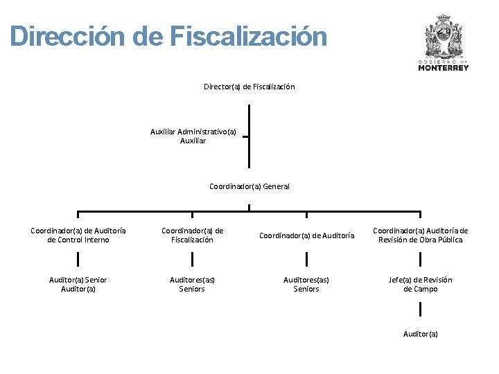 Dirección de Fiscalización Director(a) de Fiscalización Auxiliar Administrativo(a) Auxiliar Coordinador(a) General Coordinador(a) de Auditoría