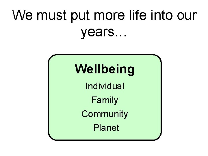 We must put more life into our years… Wellbeing Individual Family Community Planet 