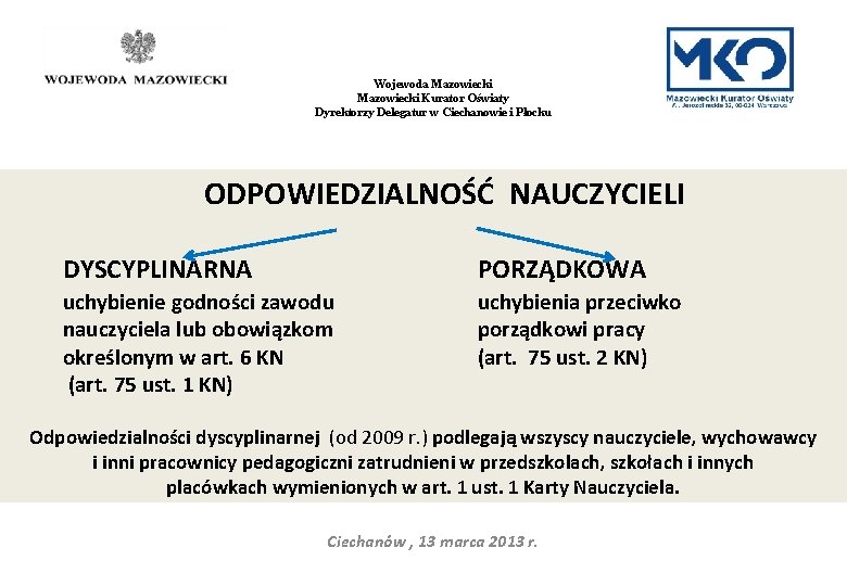 Wojewoda Mazowiecki Kurator Oświaty Dyrektorzy Delegatur w Ciechanowie i Płocku ODPOWIEDZIALNOŚĆ NAUCZYCIELI DYSCYPLINARNA PORZĄDKOWA