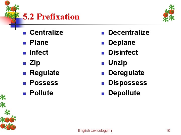 5. 2 Prefixation n n n Centralize Plane Infect Zip Regulate Possess Pollute n