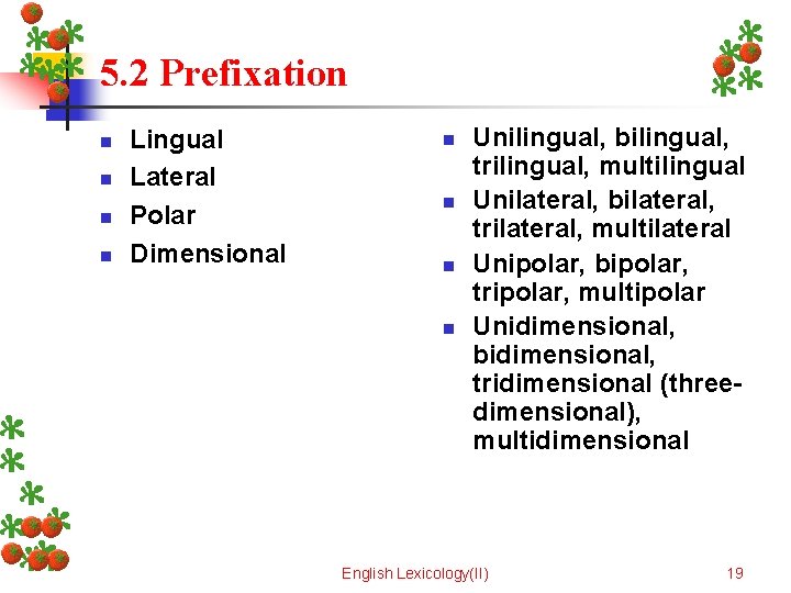 5. 2 Prefixation n n Lingual Lateral Polar Dimensional n n Unilingual, bilingual, trilingual,
