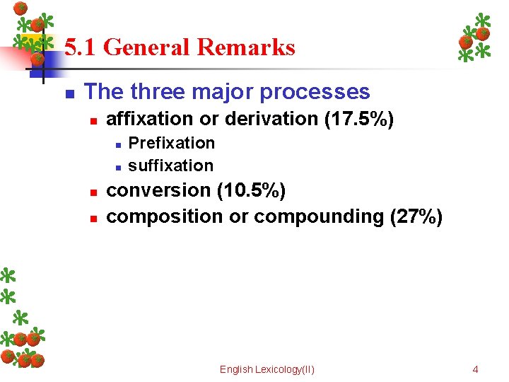 5. 1 General Remarks n The three major processes n affixation or derivation (17.