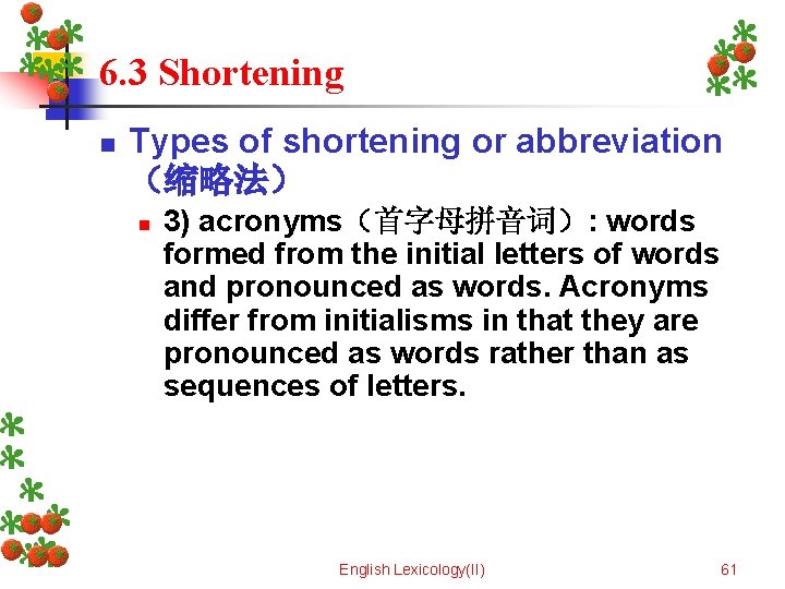 6. 3 Shortening n Types of shortening or abbreviation （缩略法） n 3) acronyms（首字母拼音词）: words