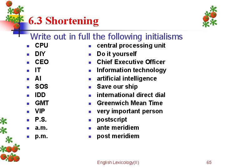 6. 3 Shortening Write out in full the following initialisms n n n CPU