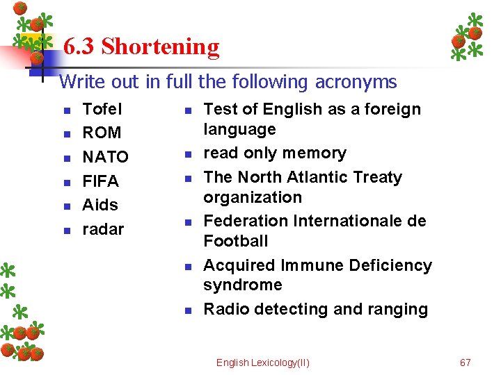 6. 3 Shortening Write out in full the following acronyms n n n Tofel