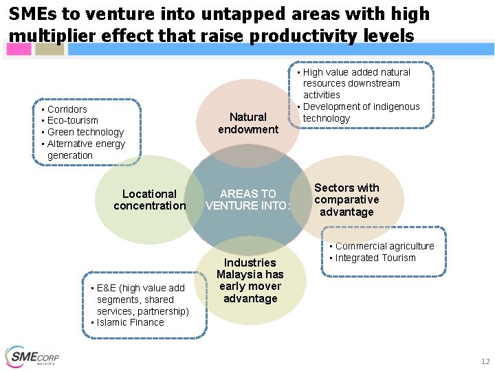SMEs to venture into untapped areas with high multiplier effect that raise productivity levels SMEs to venture into untapped areas with high multiplier effect that raise productivity levels