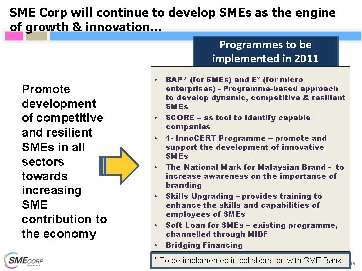 SME Corp will continue to develop SMEs as the engine of growth & innovation… SME Corp will continue to develop SMEs as the engine of growth & innovation…