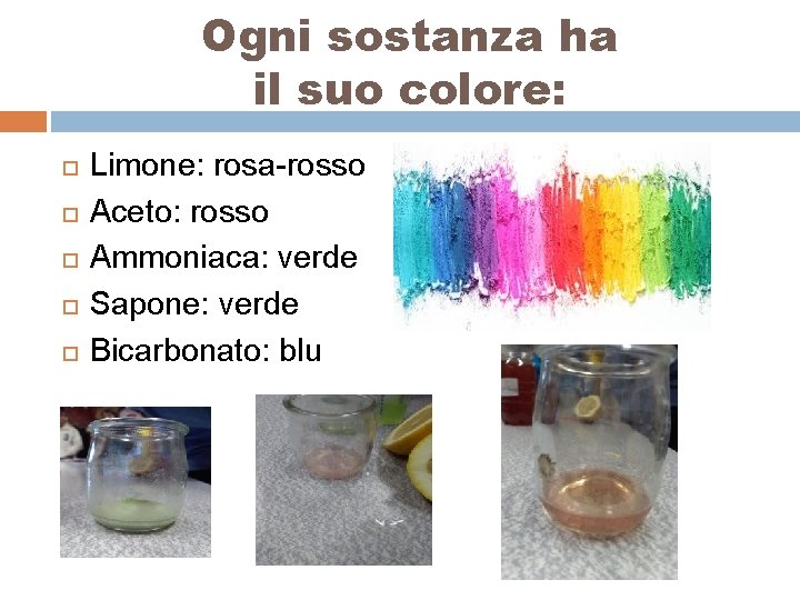 Ogni sostanza ha il suo colore: Limone: rosa-rosso Aceto: rosso Ammoniaca: verde Sapone: verde